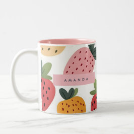 Gepersonaliseerd Schattige fruit aardbeienpatroon Tweekleurige Koffiemok