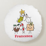 Gepersonaliseerd Schattige Kerstmis Karakters Kuss Rond Kussen<br><div class="desc">Dit gepersonaliseerde kerst ronde kussen is voorzien van de 'Christmas Crew'. Een groep schattige kleine kerstpersonages die graag plezier hebben en onheil maken met Kerstmis. De crew bestaat uit Snowman,  Christmas Stocking,  Star,  Christmas Pudding,  Cadeau en Candy Cane.</div>