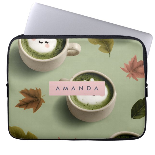 Gepersonaliseerd Schattige matcha latte patroon Laptop Sleeve (Voorkant)