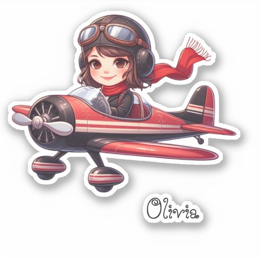 Gepersonaliseerd Schattige Meisje Vliegtuig Meisje Sticker (Voorkant)