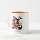 Gepersonaliseerd Schattigee Halloween Witch Tweekleurige Koffiemok (Voorkant links)