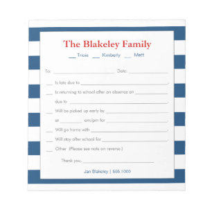 Gepersonaliseerd schoolexcuus, blauwe strepen notitieblok