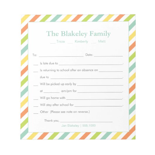 Gepersonaliseerd schoolexcuus, regenboogstripes notitieblok (Voorkant)