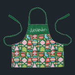 Gepersonaliseerd Schort voor kerstcadeaus All-Over<br><div class="desc">Een stijlvol en modern schort van kerstmis met een retro-geïnspireerde geometrische illustratie van ornamenten, kousen, snoepjes, cadeaus, kerstbomen, sneeuwvlokken, gordels en nog veel meer. Dit kan gepersonaliseerd worden met de naam van een kind, een monogram of je eigen bericht. Een leuk en uniek kerstcadeau voor kinderen. De kleuren zijn onder...</div>