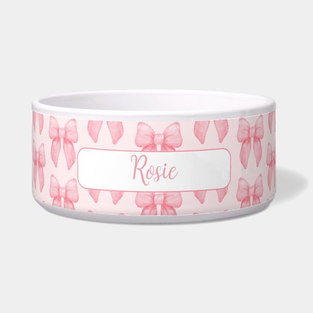 Gepersonaliseerd Schrift Roze Strik Voerbakje (Voorkant)