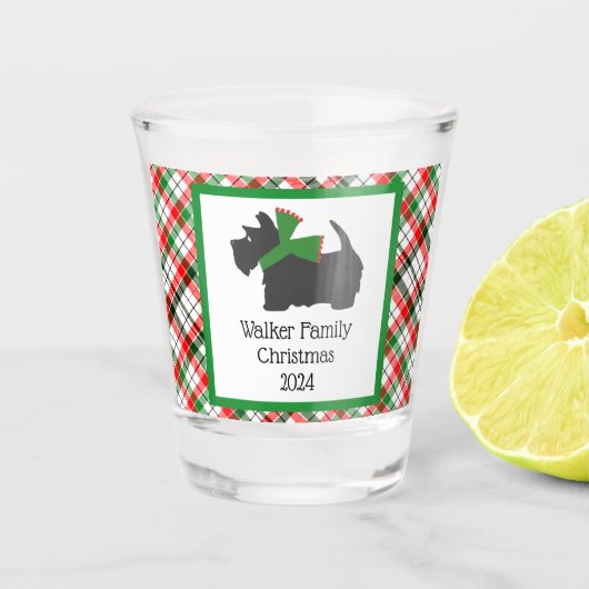 Gepersonaliseerd Scotty Dog en Tartan Kerst Shot Glas (Voorkant)