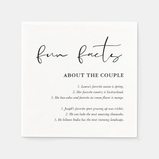 Gepersonaliseerd Script Zwart Wit Wedding Fun Fact Servet (Voorkant)