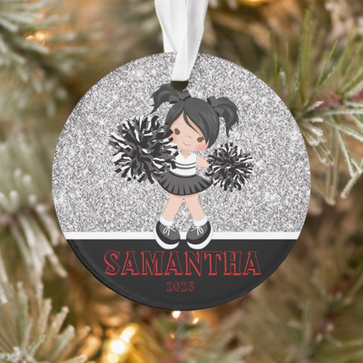 Gepersonaliseerd Silver & Black Cheerleading Ornam Ornament (Boom)