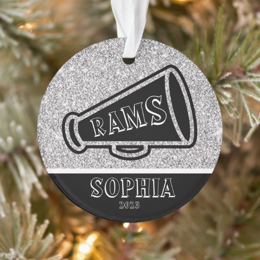 Gepersonaliseerd Silver & Black Cheerleading Ornam Ornament (Boom)