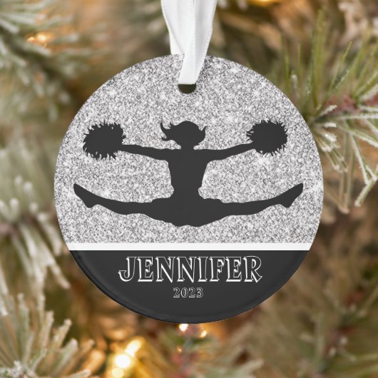 Gepersonaliseerd Silver & Black Cheerleading Ornam Ornament (Boom)