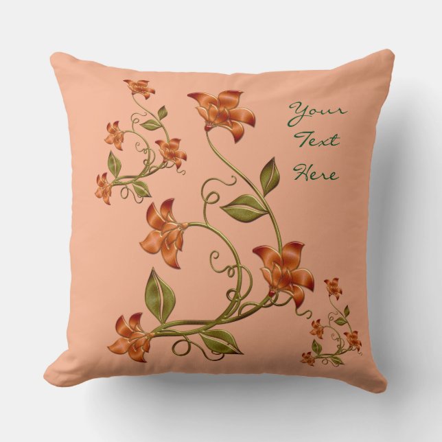 Gepersonaliseerd Sinaasappel Lillies Floral Patter Kussen (Voorkant)