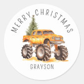 Gepersonaliseerd Sinaasappel Monster Truck Kerstca Ronde Sticker (Voorkant)