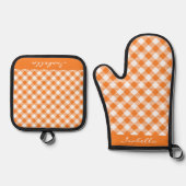 Gepersonaliseerd Sinaasappel Wit Tartan Plaid Ovenwant & Pannenlap Set (Voorkant)