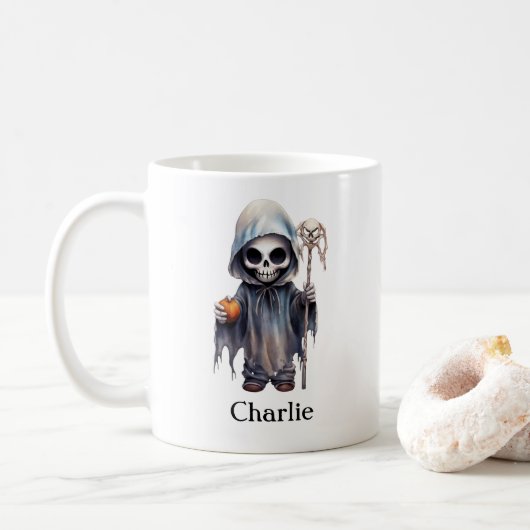 Gepersonaliseerd skelet Halloween Reaper Koffiemok (Met donut)