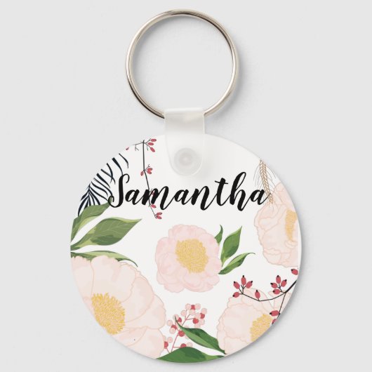Gepersonaliseerd Sleutelhanger Witte Bloemen op Wh (Voorkant)