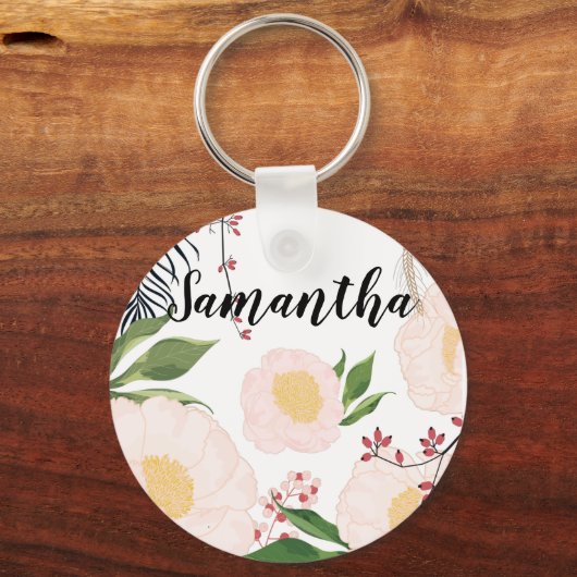 Gepersonaliseerd Sleutelhanger Witte Bloemen op Wh (Voorkant)