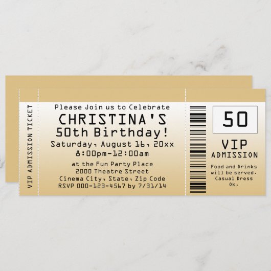 Gepersonaliseerd Soft Gold Custom Birthday Ticket Kaart (Voorkant / Achterkant)
