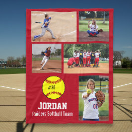 Gepersonaliseerd Softball 5 Fotocollage Naam Team  Fleece Deken