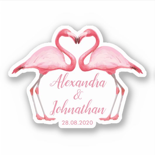 Gepersonaliseerd sparen de datum Roze Flamingos Sticker (Voorkant)