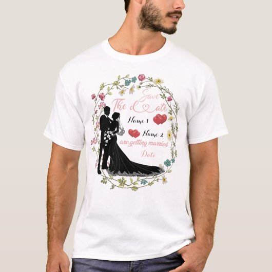 Gepersonaliseerd sparen de datum wij worden getrou t-shirt (Voorkant)