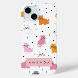 Gepersonaliseerd speels kattenpatroon met Polka Do iPhone 15 Case