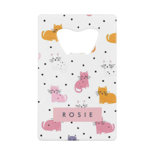 Gepersonaliseerd speels kattenpatroon met Polka Do Creditkaart Flessenopener