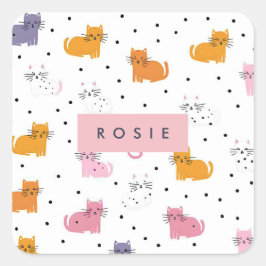 Gepersonaliseerd speels kattenpatroon met Polka Do Vierkante Sticker