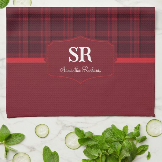 Gepersonaliseerd speldenmonogram rood tartan bakke theedoek (Gevouwen)