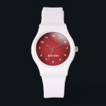 Gepersonaliseerd sportief rood ontwerp horloge<br><div class="desc">Rood design horloge klaar voor u om te personaliseren. ✔ OPMERKING: WIJZIG ALLEEN DE BENODIGDE SJABLOON GEBIEDEN! 😀 Indien nodig, kunt u de tekst verwijderen en beginnen met het opnieuw toevoegen van elke gewenste tekst en lettertype. 📌Als u meer aanpassingen nodig hebt, klikt u op de knop "Klik om verder...</div>