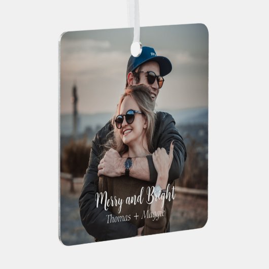 Gepersonaliseerd stijlvol Elegant koppel fotoscrip Metalen Ornament (Voorkant Rechts)