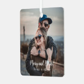 Gepersonaliseerd stijlvol Elegant koppel fotoscrip Metalen Ornament (Voorkant links)