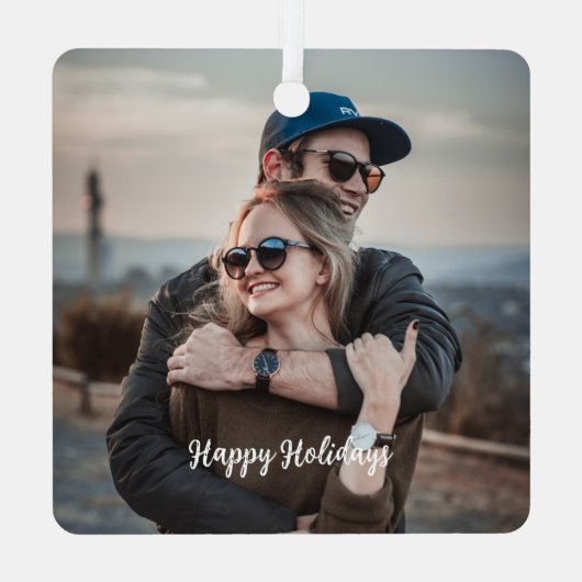 Gepersonaliseerd stijlvol Elegant koppel fotoscrip Metalen Ornament (Achterkant)