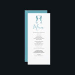Gepersonaliseerd Strand Bruiloft Menu Kaart<br><div class="desc">Voltooi uw feest met deze strand bruiloft kaart, de perfecte finishing touch voor uw strand bruiloft inrichting. Ontworpen met elegante waterverf zeepaardjes in kalmerende tinten blauw, brengen ze kustcharme naar uw tafelblad terwijl ze een trouwthema aan de kust of nautische trouwstijl aanvullen. Deze aangepaste bruiloft menukaarten maken het gemakkelijk om...</div>