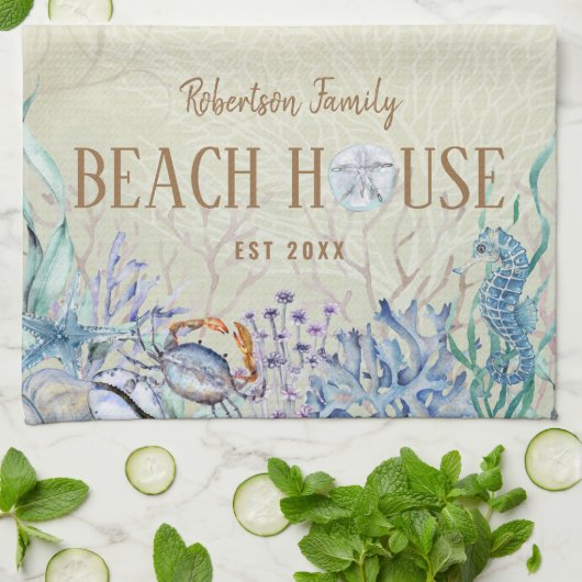 Gepersonaliseerd strand House Coastal Coral Reef Theedoek (Gevouwen)