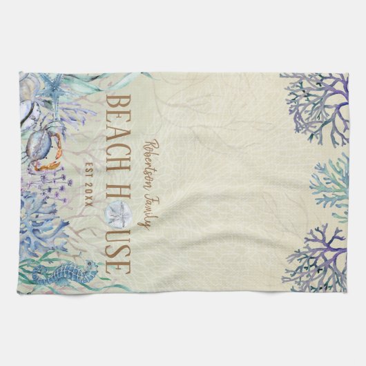 Gepersonaliseerd strand House Coastal Coral Reef Theedoek (Horizontaal)