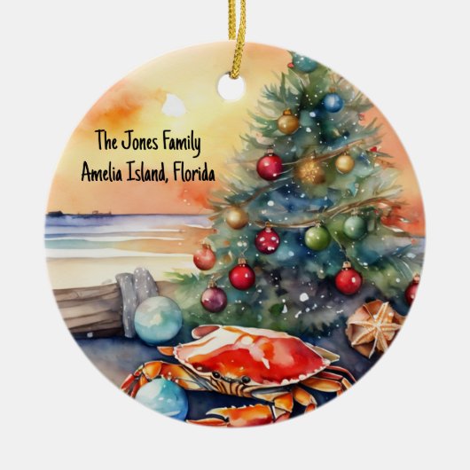 Gepersonaliseerd strand met Crab Christmas Tree Keramisch Ornament (Voorkant)