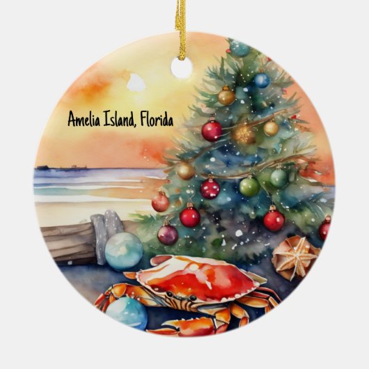 Gepersonaliseerd strand met Crab Christmas Tree Keramisch Ornament (Achterkant)