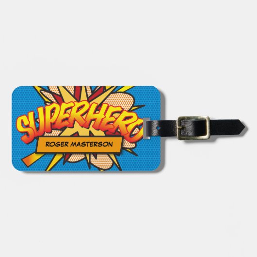 Gepersonaliseerd stripboek SUPERHERO Fun Modern Bagagelabel (Voorkant horizontaal)