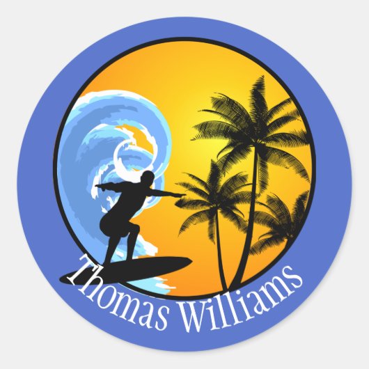 Gepersonaliseerd Surfer Dude Ronde Sticker (Voorkant)