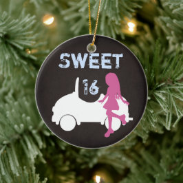 Gepersonaliseerd Sweet 16 meisje en auto ~ Roze, b Keramisch Ornament