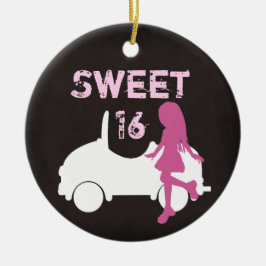 Gepersonaliseerd Sweet 16 meisje en auto, roze ker Keramisch Ornament