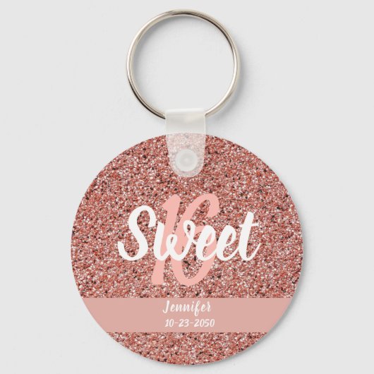 Gepersonaliseerd Sweet 16 Roos Gold Pink Glitter Sleutelhanger (Voorkant)