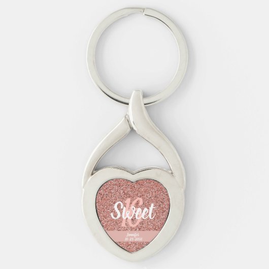 Gepersonaliseerd Sweet 16 Roos Gold Pink Glitter Sleutelhanger (Voorkant)