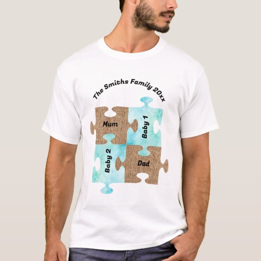 Gepersonaliseerd T-shirt - Vier puzzelstukjes (Voorkant)