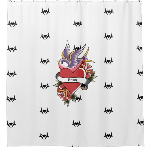 Gepersonaliseerd Tattoo Tortelduifjes Hart Douchegordijn (Voorkant)