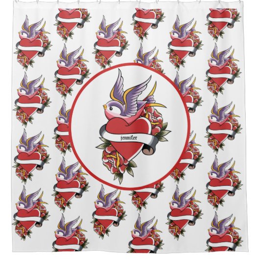 Gepersonaliseerd Tattoo Tortelduifjes Hartwagentje Douchegordijn (Voorkant)