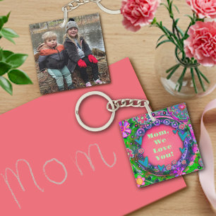 Gepersonaliseerd Tekst Foto  Roze Bloemen Mama Sleutelhanger