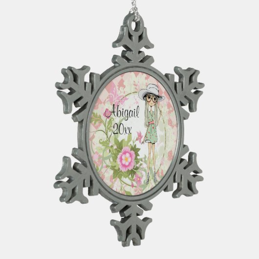 Gepersonaliseerd Tiener Meisje met Bloemen Ornamen Tin Sneeuwvlok Ornament (Links)