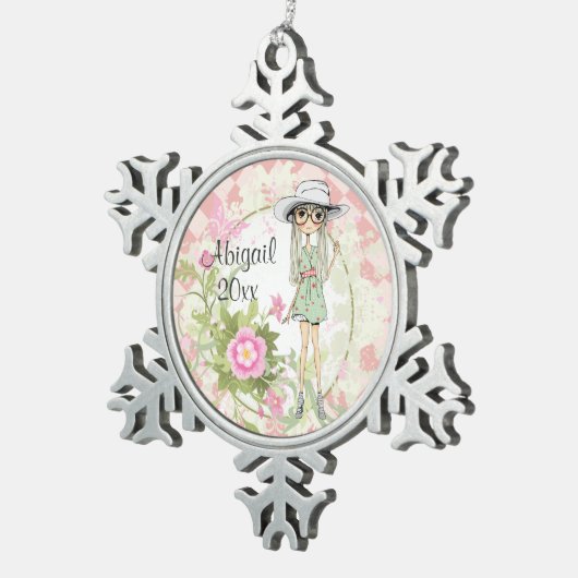 Gepersonaliseerd Tiener Meisje met Bloemen Ornamen Tin Sneeuwvlok Ornament (Rechts)