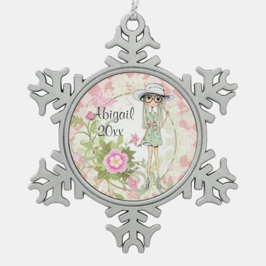 Gepersonaliseerd Tiener Meisje met Bloemen Ornamen Tin Sneeuwvlok Ornament (Voorkant)
